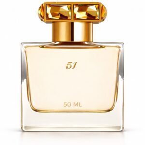 Elegant 50ml perfume bottle with gold accents.