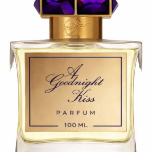 Elegant perfume bottle with gold and purple accents.