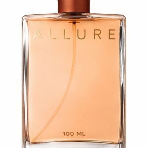 Elegant bottle of Allure perfume with a warm amber hue.