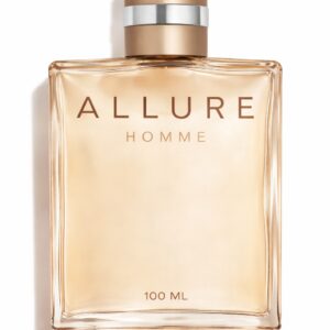 A sleek bottle of Allure Homme perfume with a golden tint.