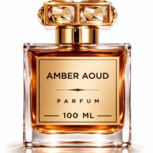 Elegant Amber Aoud perfume bottle with golden hues.