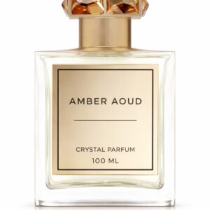 Elegant Amber Aoud crystal parfum bottle with gold cap.