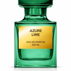 A green glass perfume bottle labeled Azure Lime Eau De Parfum.