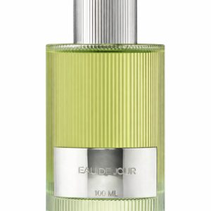 Elegant green perfume bottle with silver cap and label.