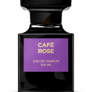 Elegant black bottle of Café Rose Eau de Parfum with purple label.
