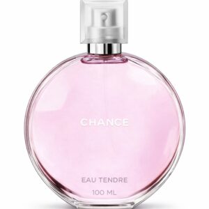 A round bottle of Chanel Chance Eau Tendre perfume with pink liquid.