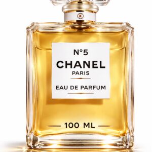 Elegant Chanel No. 5 perfume bottle with golden liquid inside.