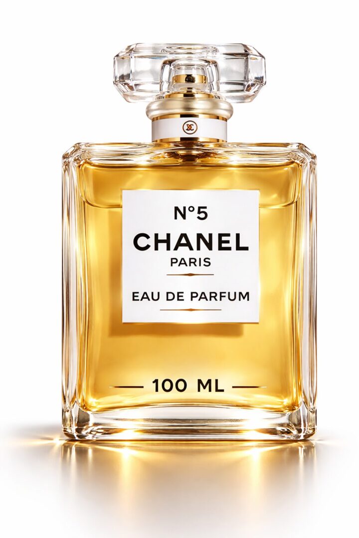 Elegant Chanel No. 5 perfume bottle with golden liquid inside.