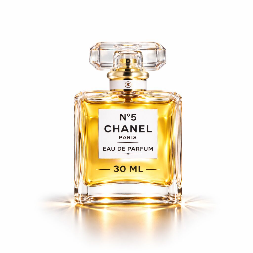 Chanel No. 5 perfume bottle with golden liquid inside.