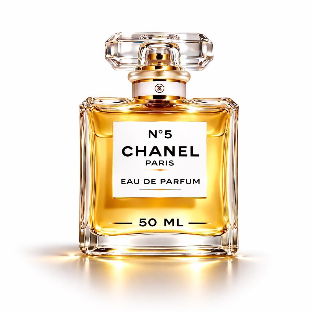 A 50ml bottle of Chanel No. 5 Eau de Parfum with golden liquid.