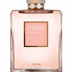 A pink-tinted glass perfume bottle labeled "COCO" with 100 ML volume.