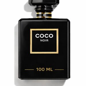 Elegant black perfume bottle labeled COCO NOIR, 100 ML.