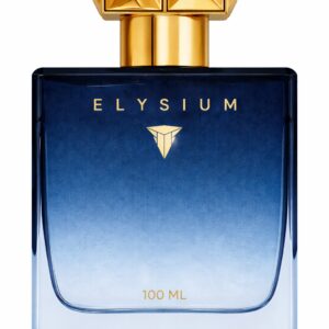 Elegant blue gradient perfume bottle labeled Elysium.