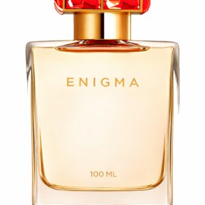 Elegant perfume bottle labeled 'ENIGMA' with a red and gold cap.