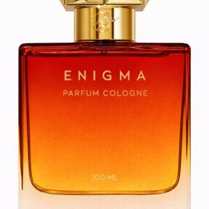 Elegant Enigma parfum cologne bottle with gradient orange design.