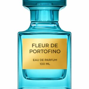 Elegant blue perfume bottle labeled 'Fleur de Portofino'.