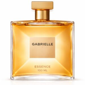 Elegant Gabrielle Essence perfume bottle with golden hues.