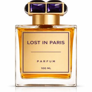 A bottle of Lost in Paris perfume with a purple gem-like cap.