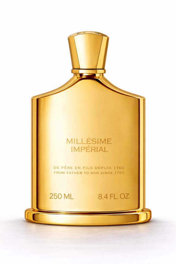 Elegant golden perfume bottle labeled Millesime Imperial.