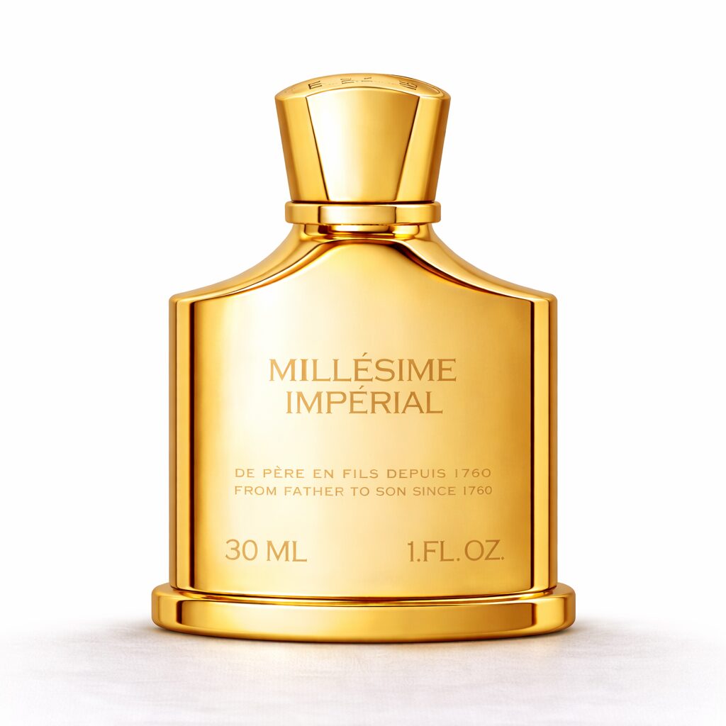Elegant golden bottle of Millesime Imperial perfume.