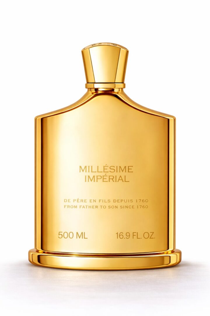 Golden luxurious perfume bottle with elegant design.