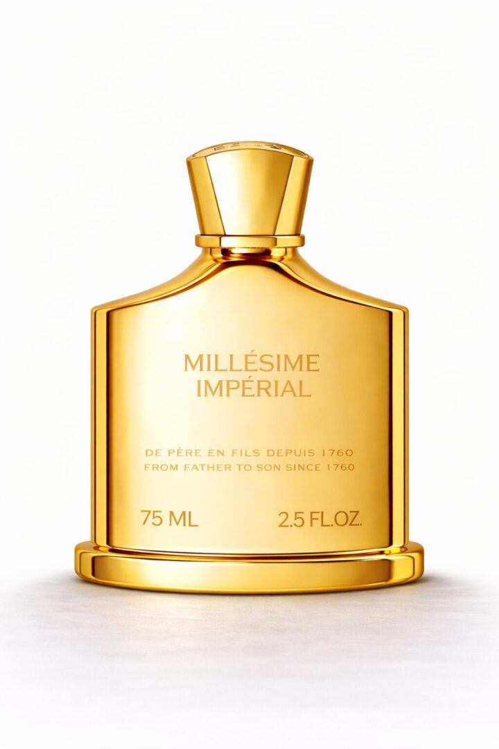 A gold bottle of Millesime Imperial perfume with 75 ml capacity.