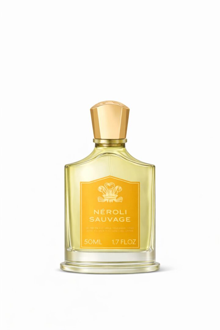 Elegant amber-colored perfume bottle with a golden cap.