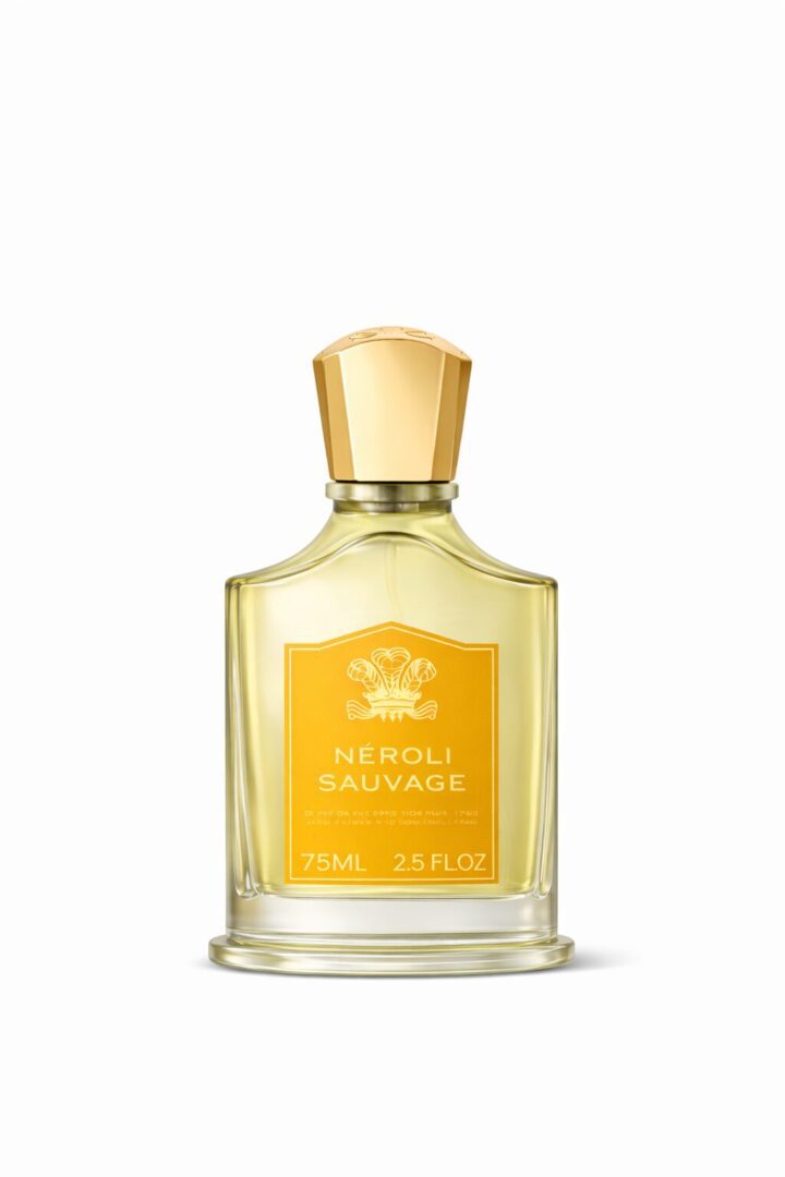 Elegant bottle of Neroli Sauvage Eau de Parfum with golden accents.