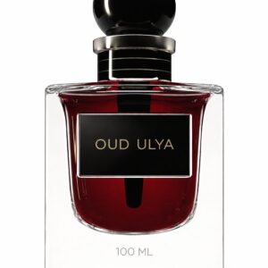 Elegant bottle of Oud Ulya perfume with deep red liquid.
