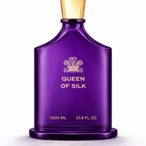 Elegant purple perfume bottle labeled 'Queen of Silk'.