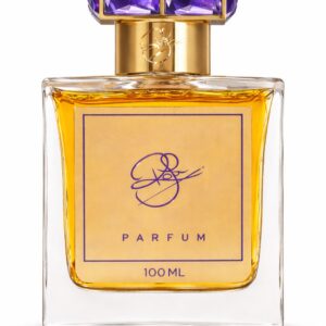 Elegant perfume bottle with golden accents and purple cap.