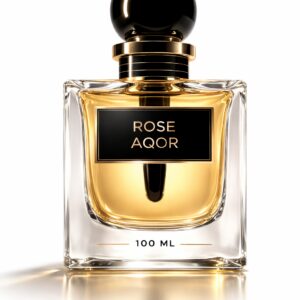 Elegant Rose Aqor perfume bottle with a golden liquid inside.