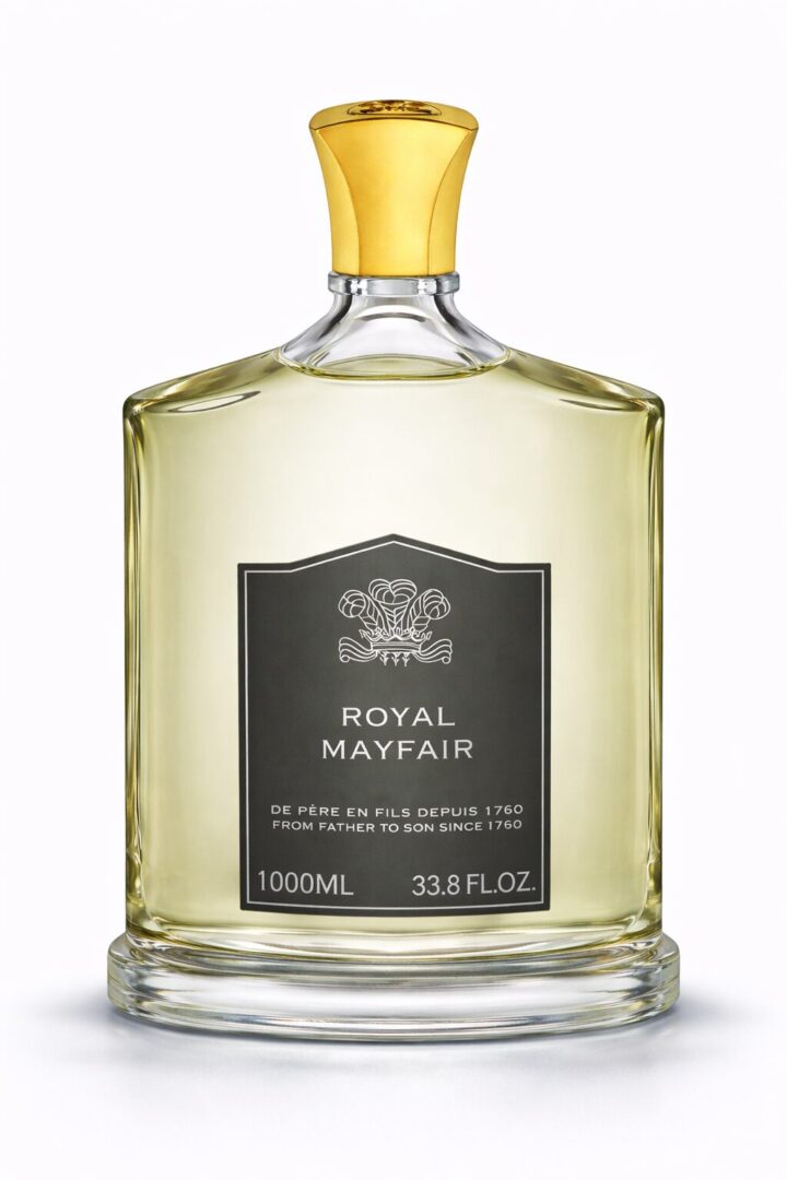 A bottle of Royal Mayfair gin with a black label and gold cap.