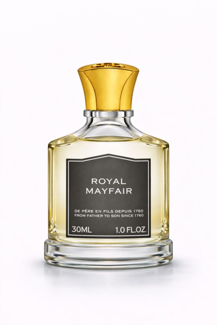 Elegant Royal Mayfair perfume bottle with gold cap and clear glass.
