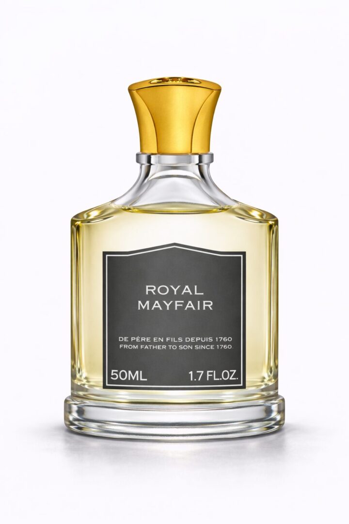 Elegant Royal Mayfair perfume bottle with gold cap.