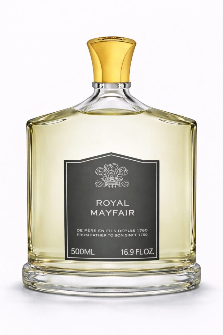 Elegant Royal Mayfair perfume bottle with gold cap and black label.