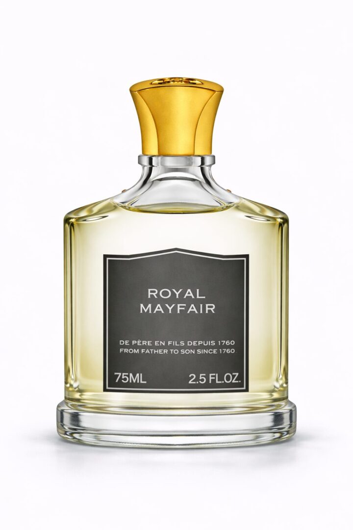 A luxury perfume bottle labeled Royal Mayfair with gold cap.