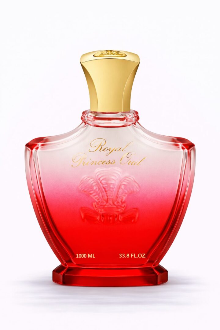 Elegant red and gold perfume bottle with a gradient design.