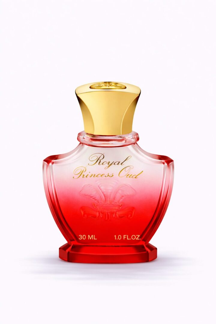 Elegant red and gold perfume bottle with royal design.