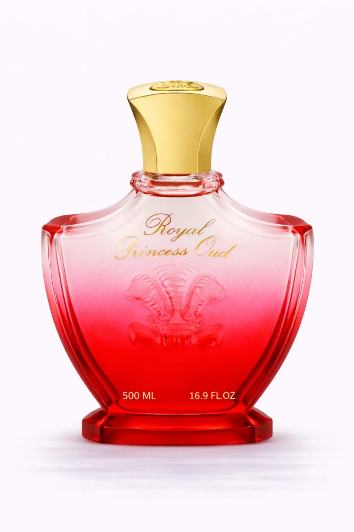 Elegant red and gold perfume bottle with royal design.