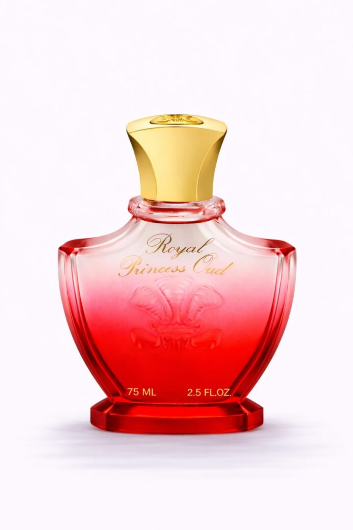 Elegant red and gold perfume bottle with floral design.