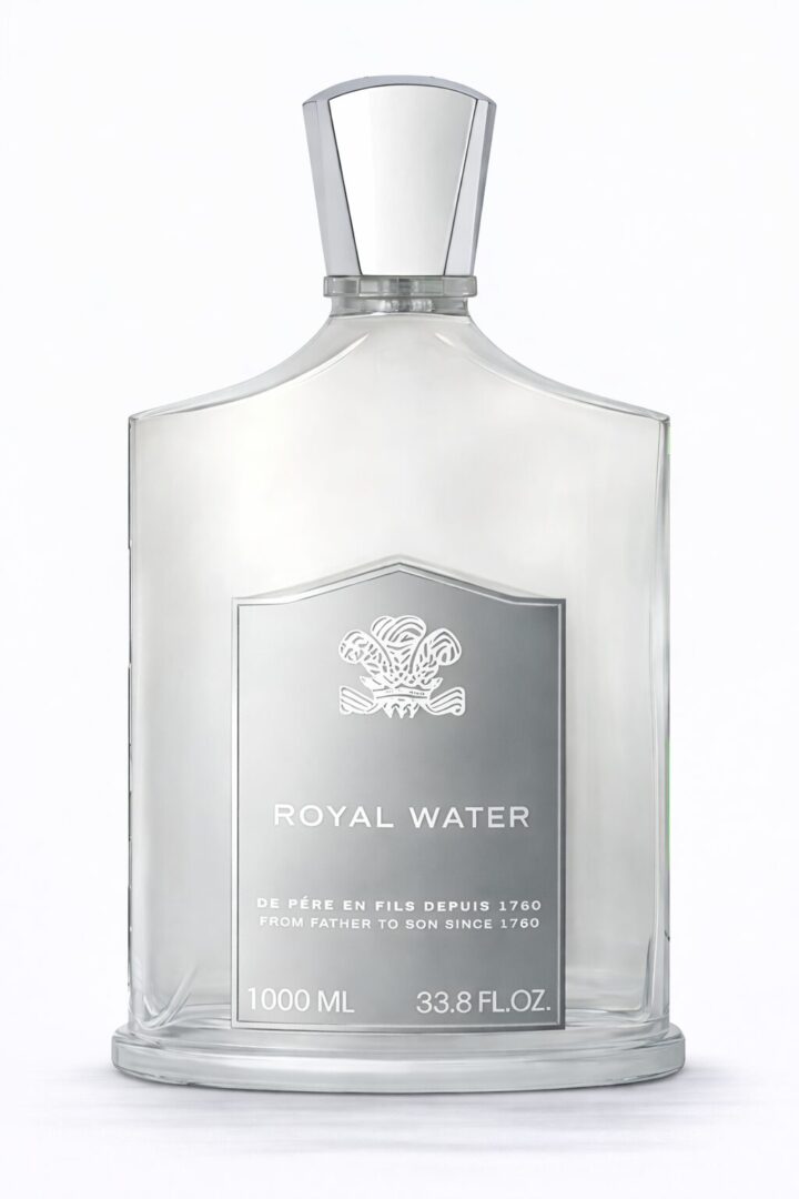 A sleek glass bottle of Royal Water with elegant silver label.