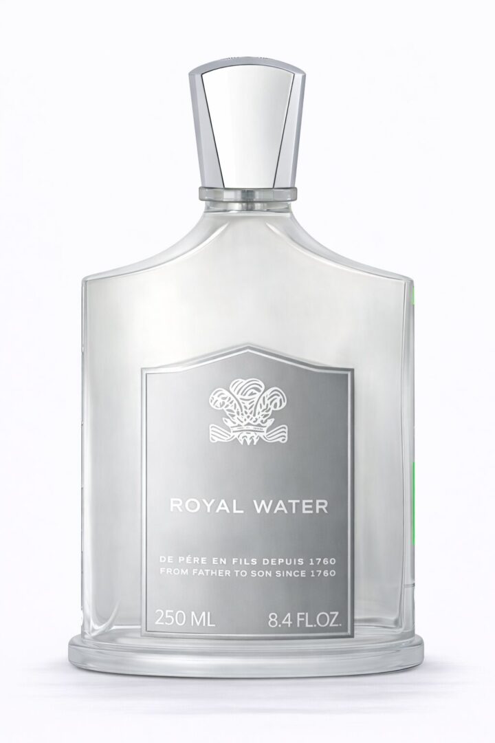 Elegant clear bottle of Royal Water with silver label and cap.