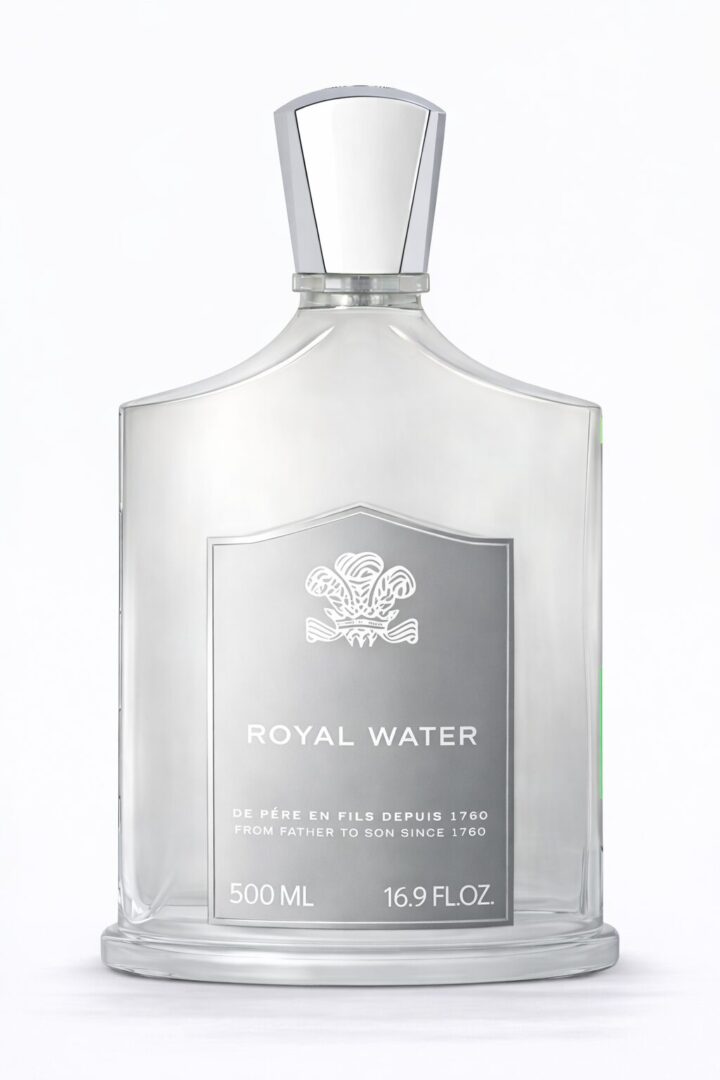 Elegant clear glass bottle of Royal Water with a silver label.