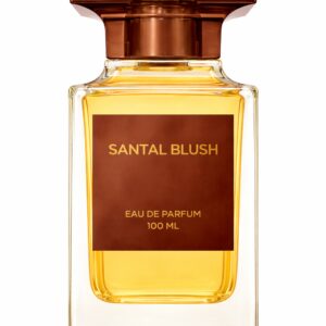 Elegant Santal Blush perfume bottle with amber liquid and gold accents.