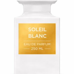 A clear bottle of Soleil Blanc Eau de Parfum with a yellow label.