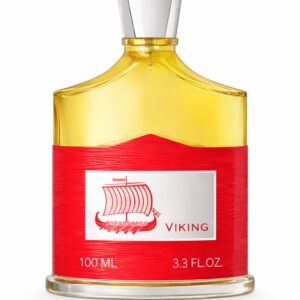 A bottle of Viking brand liquid with a red label and yellow liquid inside.