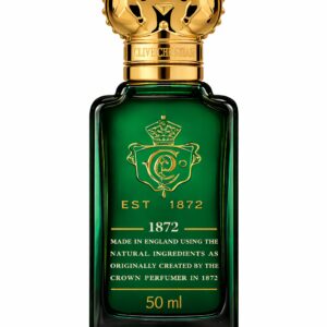Elegant green perfume bottle with gold cap and ornate design.