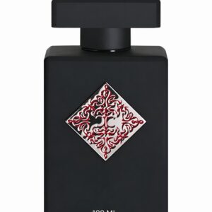 Elegant black perfume bottle with intricate red and white label design.