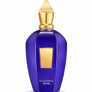 Elegant blue perfume bottle with gold accents.
